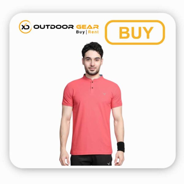 Men's Pink Mandarin Collar Polo T-Shirt: Polyester, Regular Fit