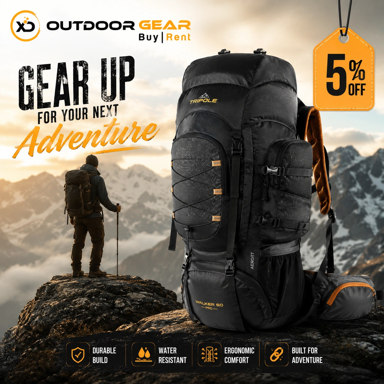 Triple access openings and 17-inch laptop sleeve inside the rucksack