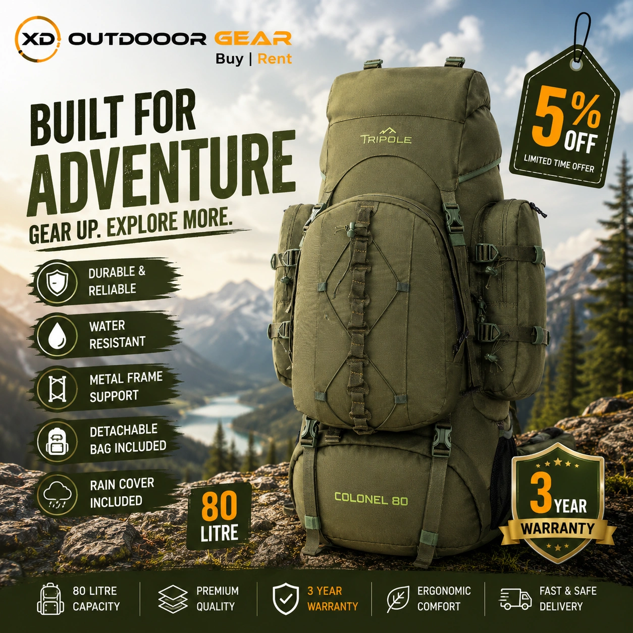 Tripole Colonel 80L metal frame rucksack in green color