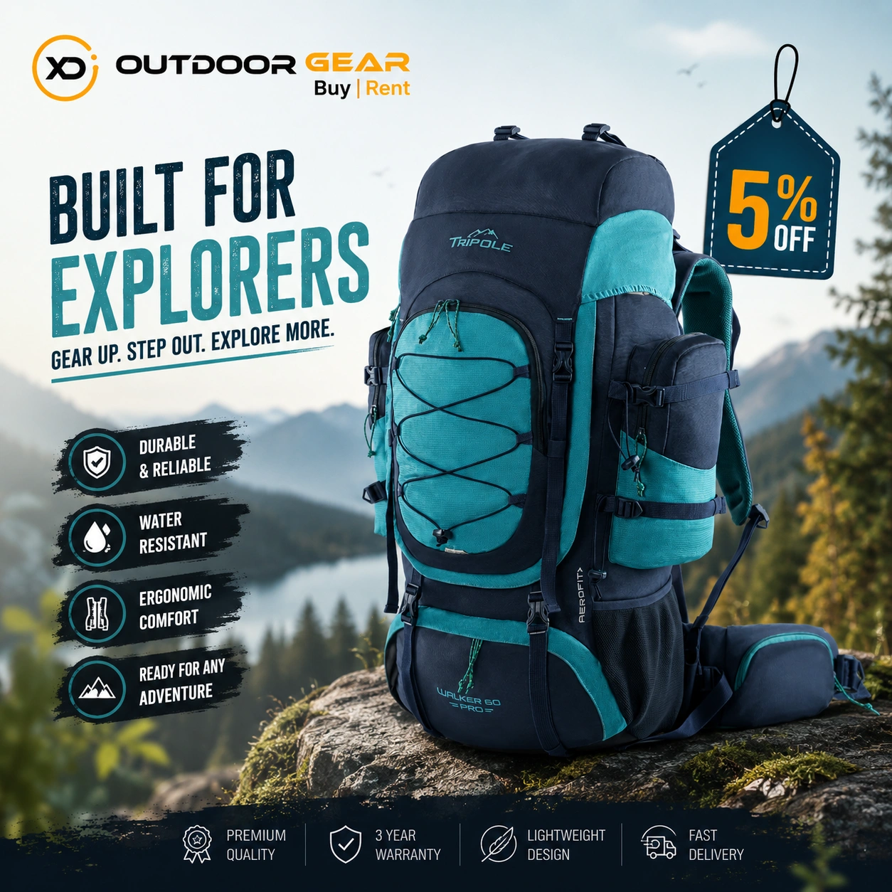 Tripole Walker Pro 60L metal frame rucksack front view in Bangalore