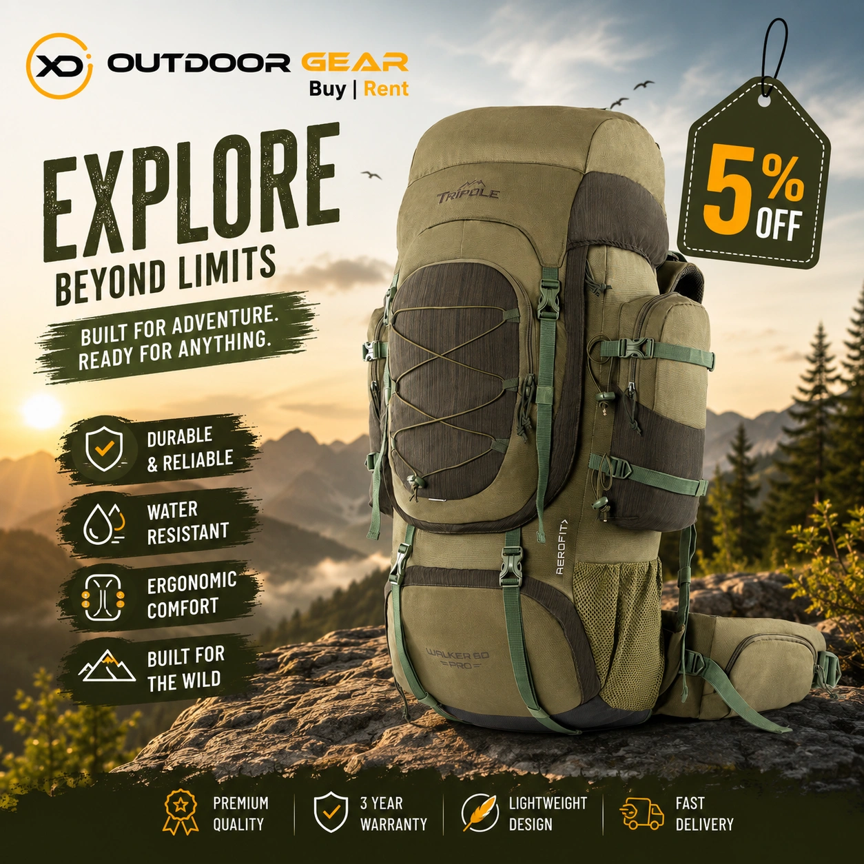 Waterproof rain cover deployed on the Tripole 60 Litre travel bag