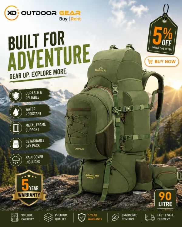 Back panel of the Tripole 90 litre trekking bag showing adjustable torso and waist straps. Back panel of the Tripole 90 litre trekking bag showing adjustable torso and waist straps.