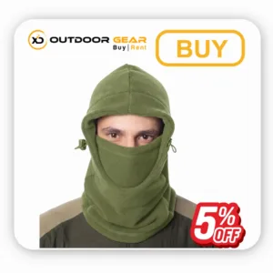 Green Tripole fleece balaclava for face and mouth cover displayed in Bangalore store