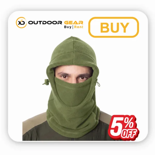Green Tripole fleece balaclava for face and mouth cover displayed in Bangalore store Green Tripole fleece balaclava for face and mouth cover displayed in Bangalore store