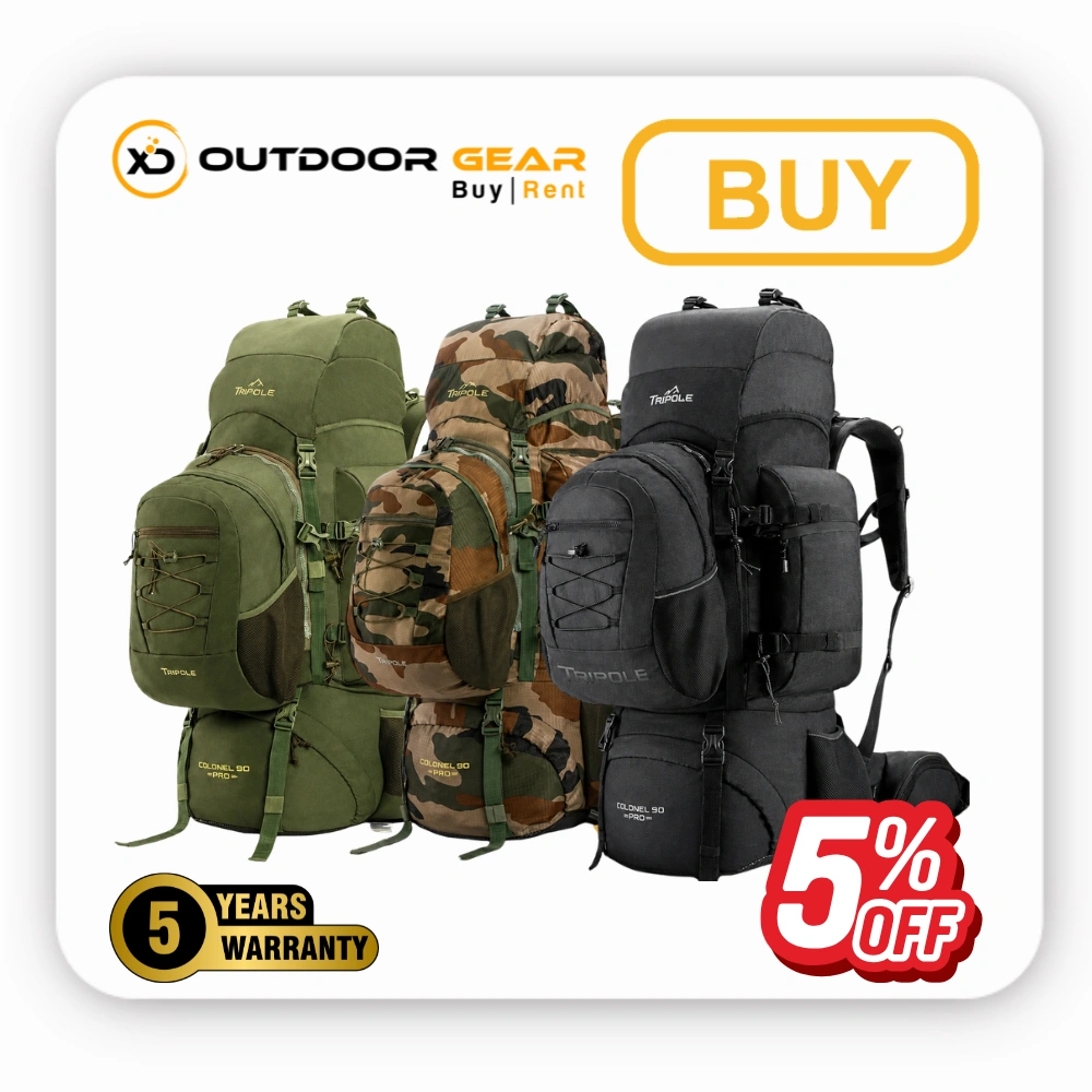 Tripole 90L travel bag fully wrapped in its waterproof yellow rain cover.