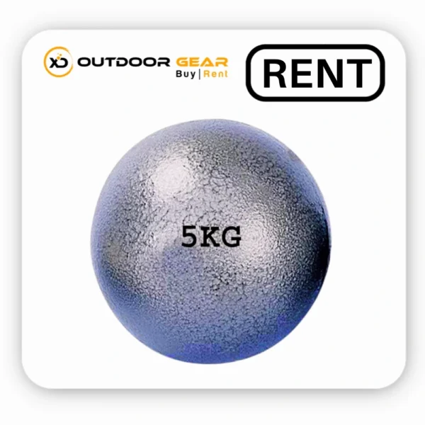 5kg iron shot put ball for rent in Bangalore, featuring a textured metal finish and stamped weight label
