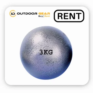 Close-up, isolated product view of a textured, solid iron 3kg shot put resting against a plain white background