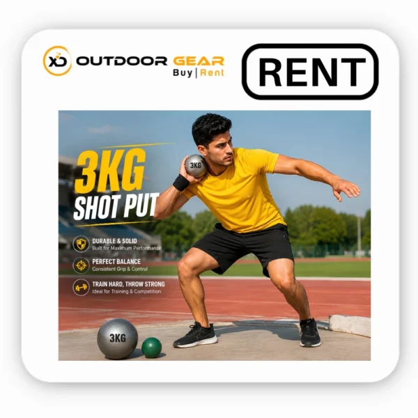 Male athlete outdoors on a running track preparing to throw a silver 3kg shot put, featuring text overlays that highlight the equipments durability, perfect balance, and training suitability