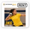 Young female athlete indoors in a gymnasium holding a 3kg shot put against her neck in a throwing stance, accompanied by bold yellow and white text reading _3KG SHOT PUT