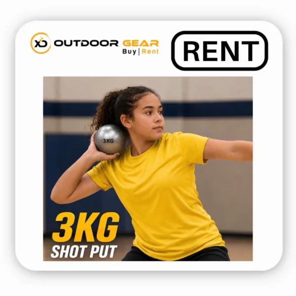 Young female athlete indoors in a gymnasium holding a 3kg shot put against her neck in a throwing stance, accompanied by bold yellow and white text reading _3KG SHOT PUT