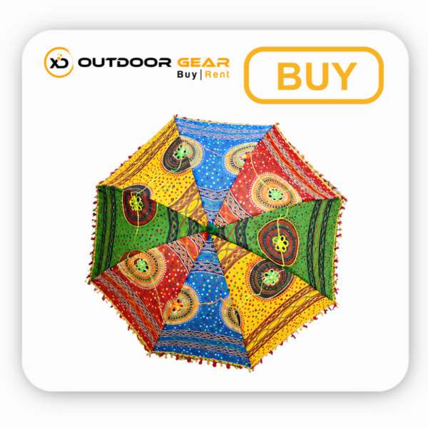Close-up view of multi-color embroidered festival umbrella panels with mirror work and ghungroo bells Close-up view of multi-color embroidered festival umbrella panels with mirror work and ghungroo bells