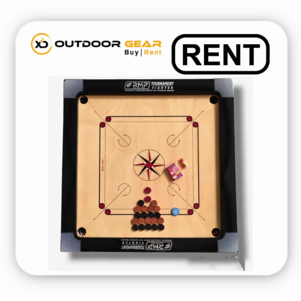 Full-size wooden carrom board on a foldable metal stand at Outdoor Gear Bangalore